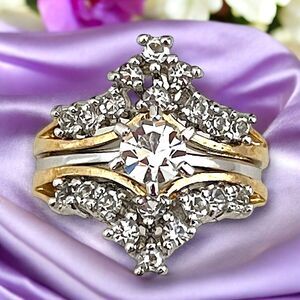 Vintage Wedding Ring Set  Size 6 Cubic Zirconia 14K Gold Plate Bridal MCM 14R